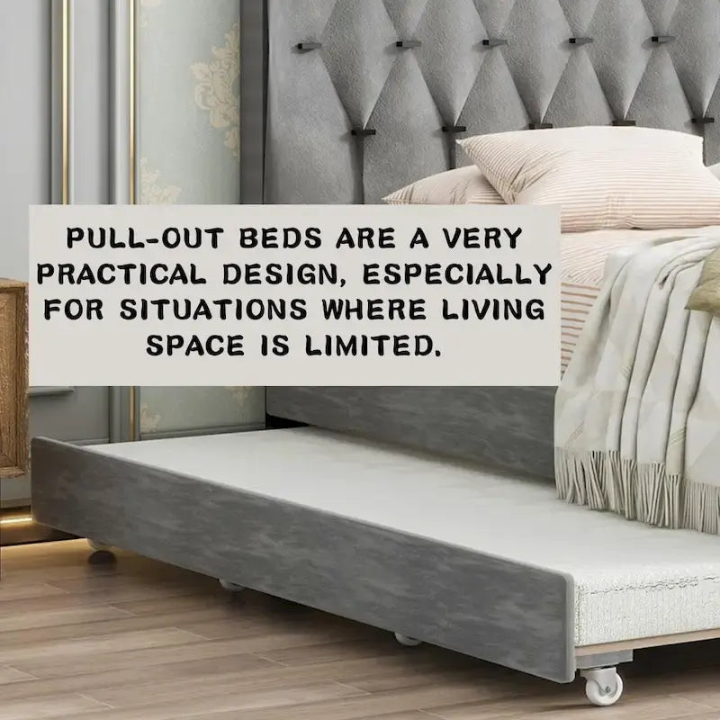Queen Size Velvet Platform Bed with Gold Tufted Headboard, 2 Storage Drawers & Twin XL Trundle