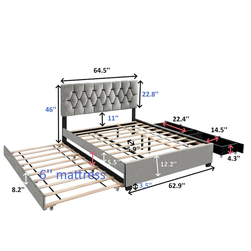 Queen Size Velvet Platform Bed with Gold Tufted Headboard, 2 Storage Drawers & Twin XL Trundle