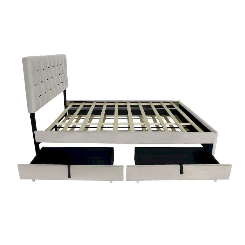 Queen Size Velvet Platform Bed with Gold Tufted Headboard, 2 Storage Drawers & Twin XL Trundle