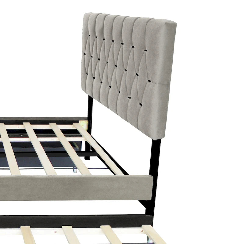 Queen Size Velvet Platform Bed with Gold Tufted Headboard, 2 Storage Drawers & Twin XL Trundle