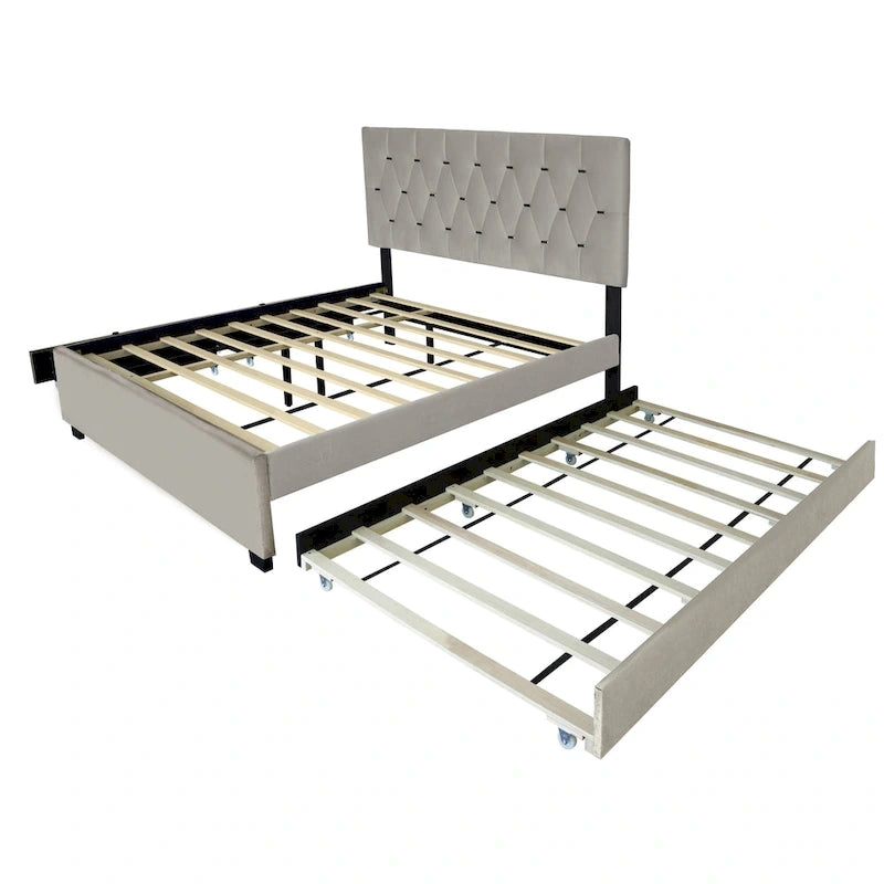 Queen Size Velvet Platform Bed with Gold Tufted Headboard, 2 Storage Drawers & Twin XL Trundle