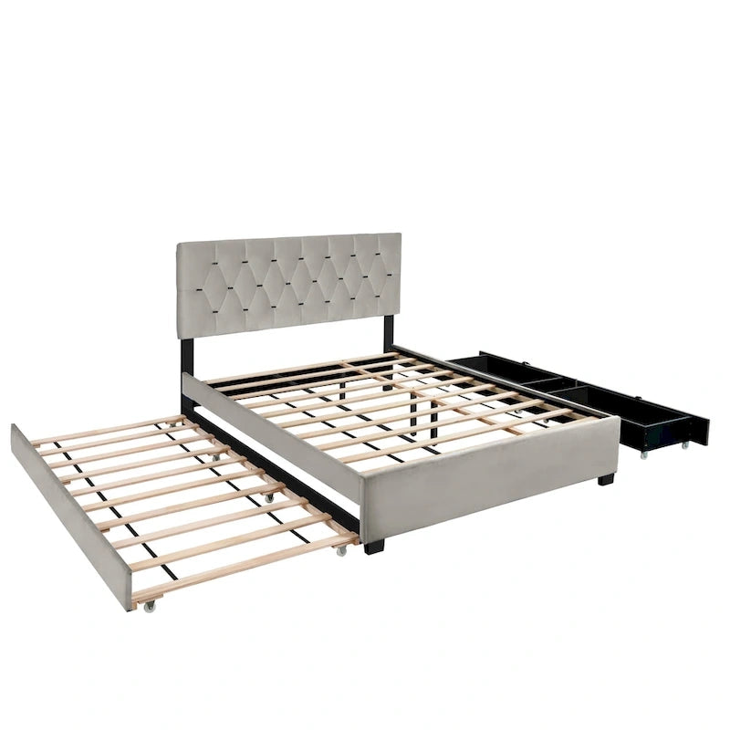 Queen Size Velvet Platform Bed with Gold Tufted Headboard, 2 Storage Drawers & Twin XL Trundle