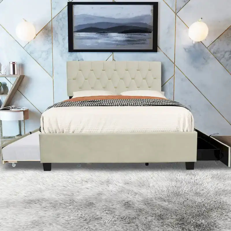 Queen Size Velvet Platform Bed with Gold Tufted Headboard, 2 Storage Drawers & Twin XL Trundle