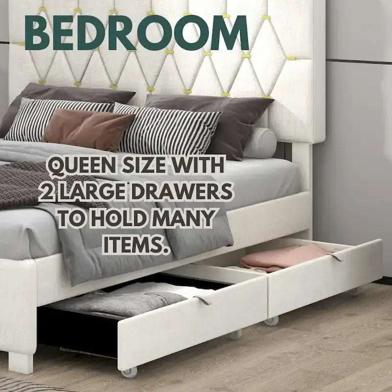 Queen Size Velvet Platform Bed with Gold Tufted Headboard, 2 Storage Drawers & Twin XL Trundle