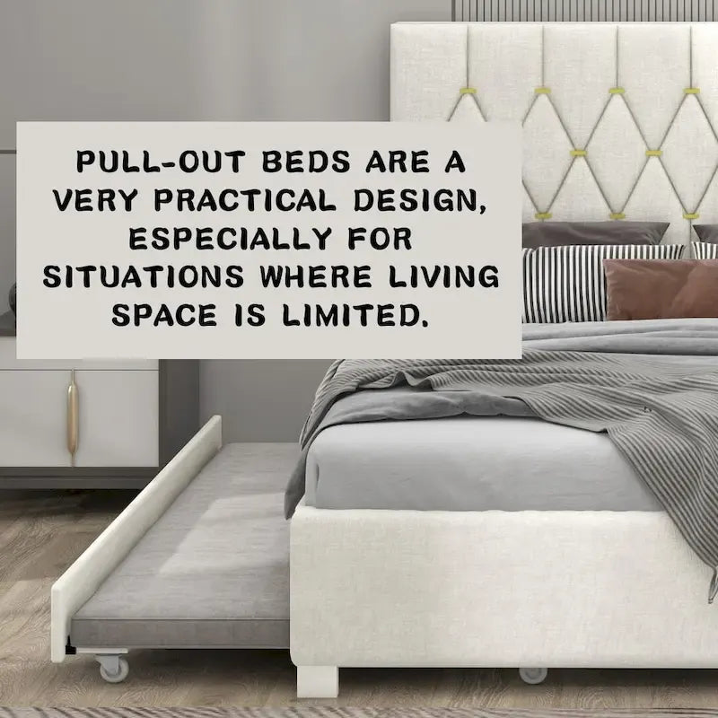 Queen Size Velvet Platform Bed with Gold Tufted Headboard, 2 Storage Drawers & Twin XL Trundle