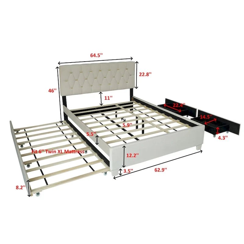 Queen Size Velvet Platform Bed with Gold Tufted Headboard, 2 Storage Drawers & Twin XL Trundle