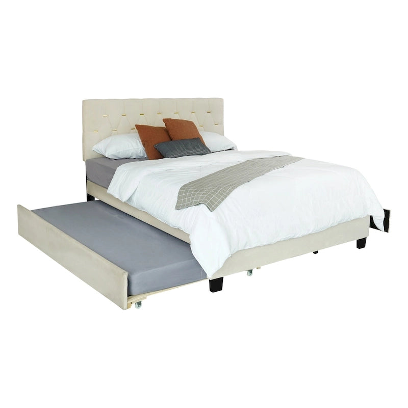 Queen Size Velvet Platform Bed with Gold Tufted Headboard, 2 Storage Drawers & Twin XL Trundle