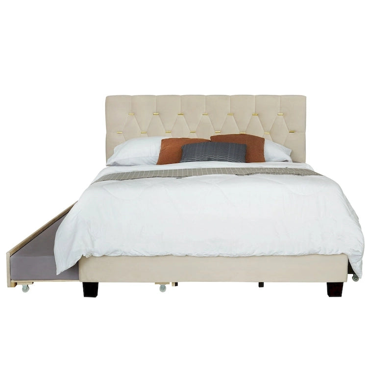 Queen Size Velvet Platform Bed with Gold Tufted Headboard, 2 Storage Drawers & Twin XL Trundle