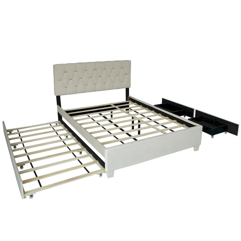 Queen Size Velvet Platform Bed with Gold Tufted Headboard, 2 Storage Drawers & Twin XL Trundle