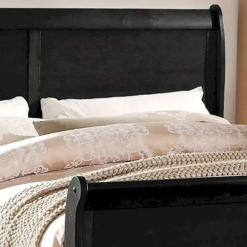 King Size Transitional Solid Wood Bed - Black with Veneer & Brass Hardware
