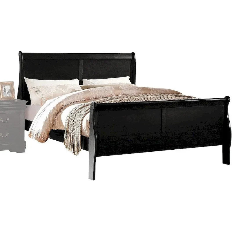 King Size Transitional Solid Wood Bed - Black with Veneer & Brass Hardware