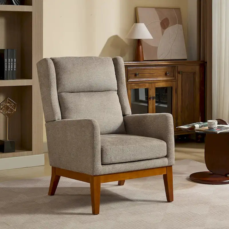 High-Back Upholstered Armchair with Spring Cushion & Walnut Wood Legs