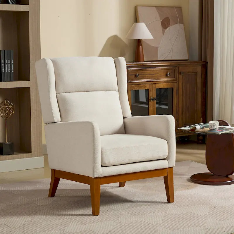 High-Back Upholstered Armchair with Spring Cushion & Walnut Wood Legs