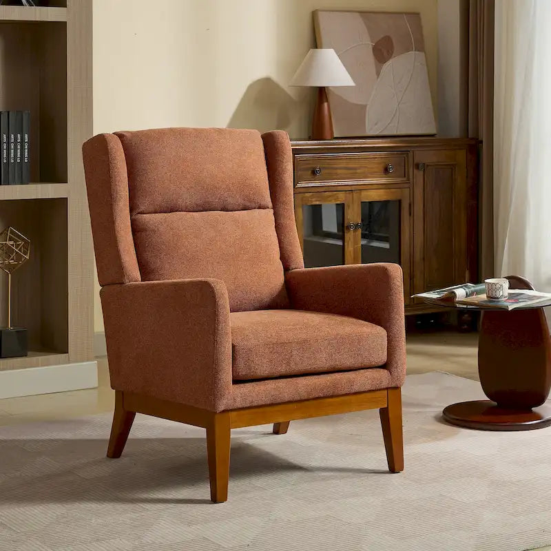 High-Back Upholstered Armchair with Spring Cushion & Walnut Wood Legs