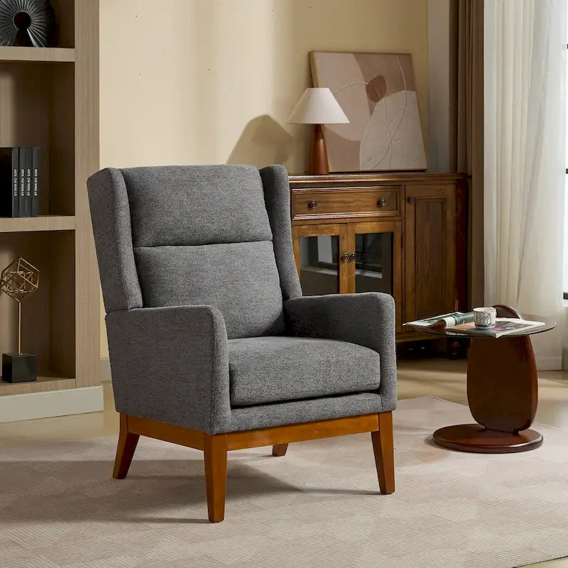 High-Back Upholstered Armchair with Spring Cushion & Walnut Wood Legs