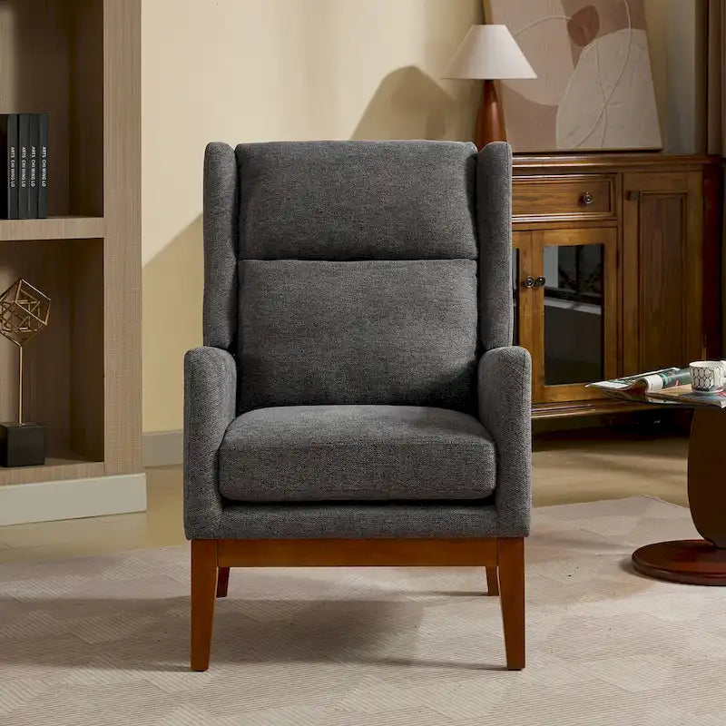 High-Back Upholstered Armchair with Spring Cushion & Walnut Wood Legs