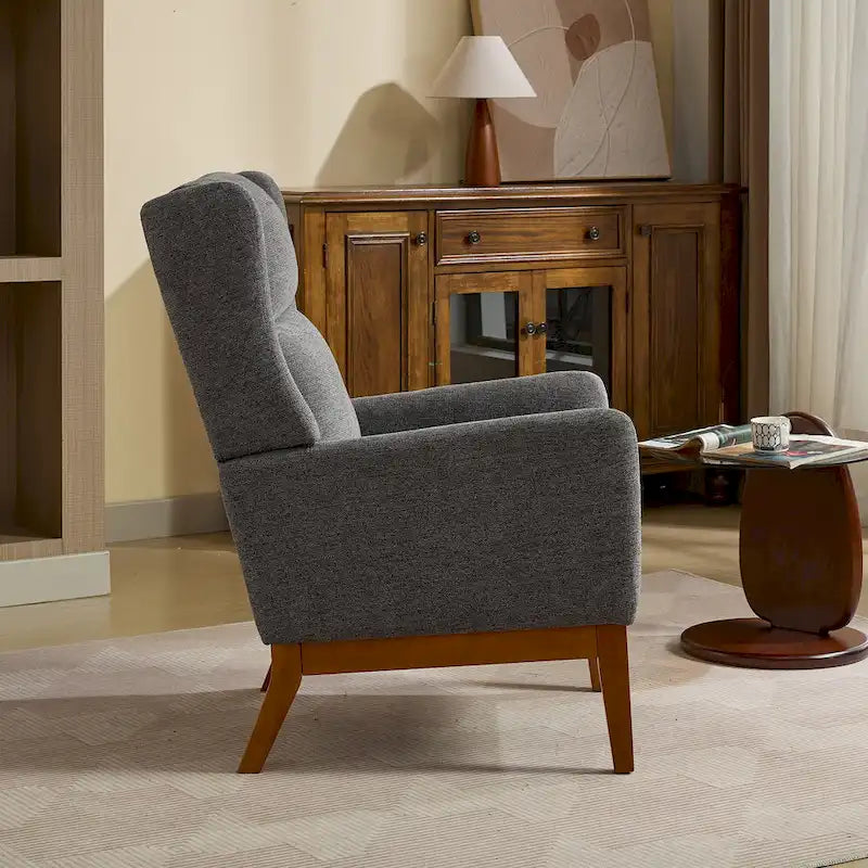 High-Back Upholstered Armchair with Spring Cushion & Walnut Wood Legs