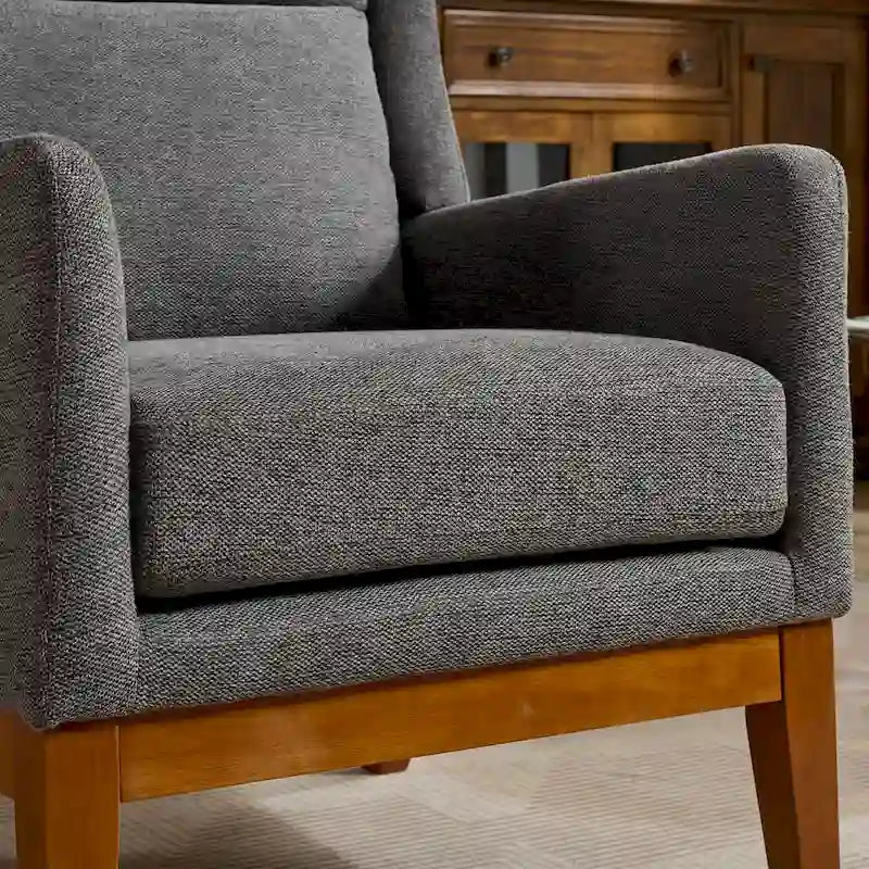 High-Back Upholstered Armchair with Spring Cushion & Walnut Wood Legs