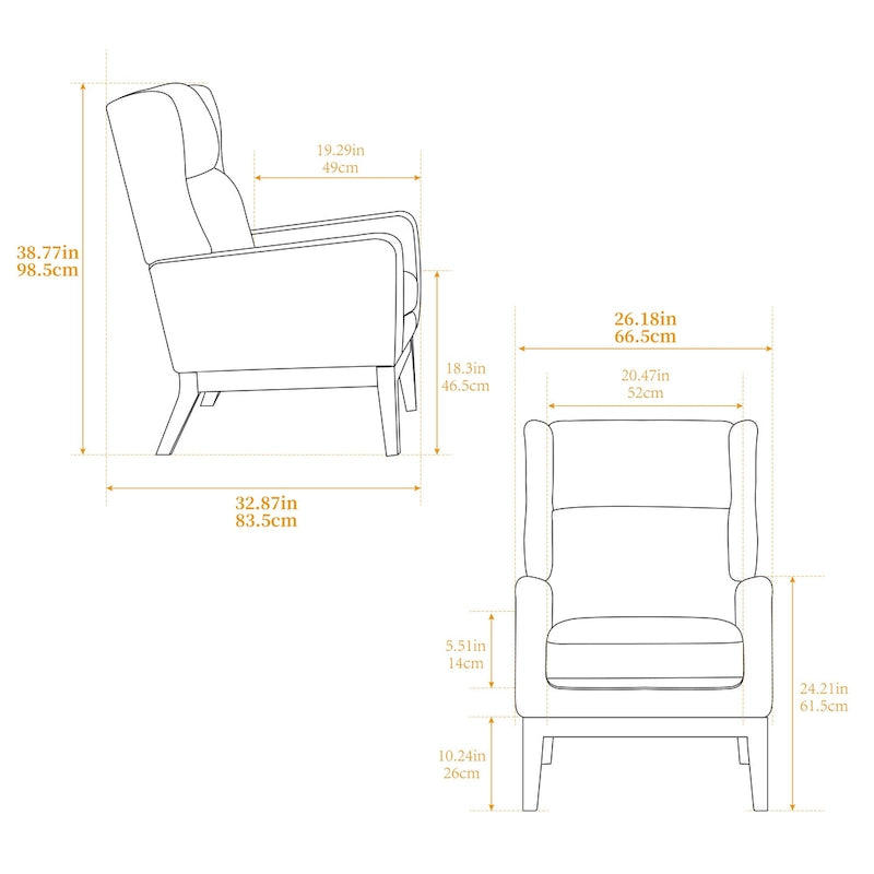 High-Back Upholstered Armchair with Spring Cushion & Walnut Wood Legs
