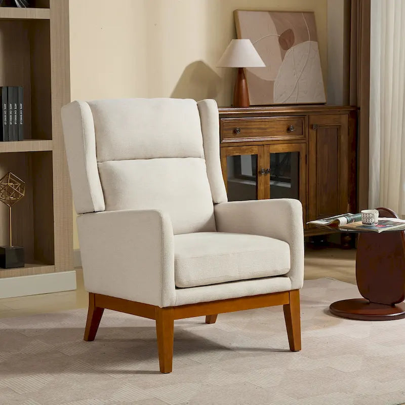High-Back Upholstered Armchair with Spring Cushion & Walnut Wood Legs
