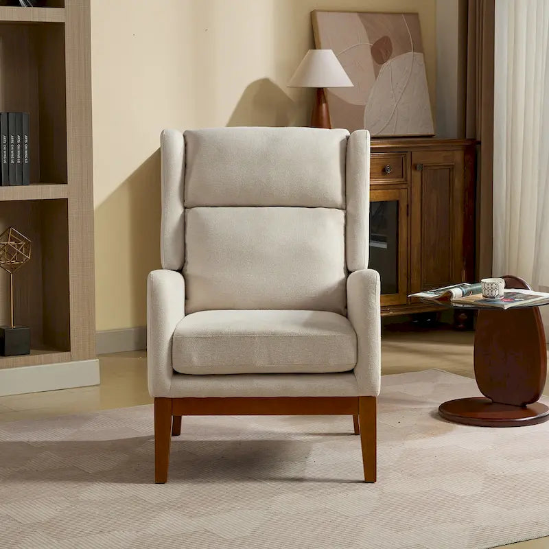 High-Back Upholstered Armchair with Spring Cushion & Walnut Wood Legs