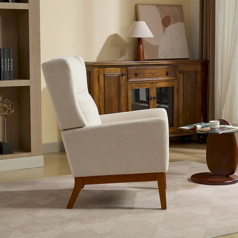 High-Back Upholstered Armchair with Spring Cushion & Walnut Wood Legs