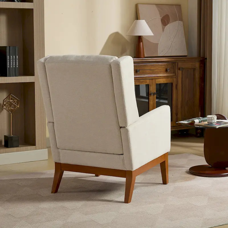 High-Back Upholstered Armchair with Spring Cushion & Walnut Wood Legs