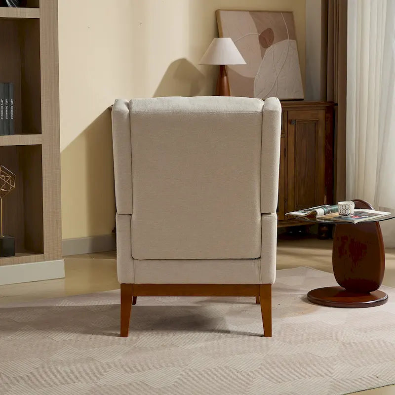 High-Back Upholstered Armchair with Spring Cushion & Walnut Wood Legs