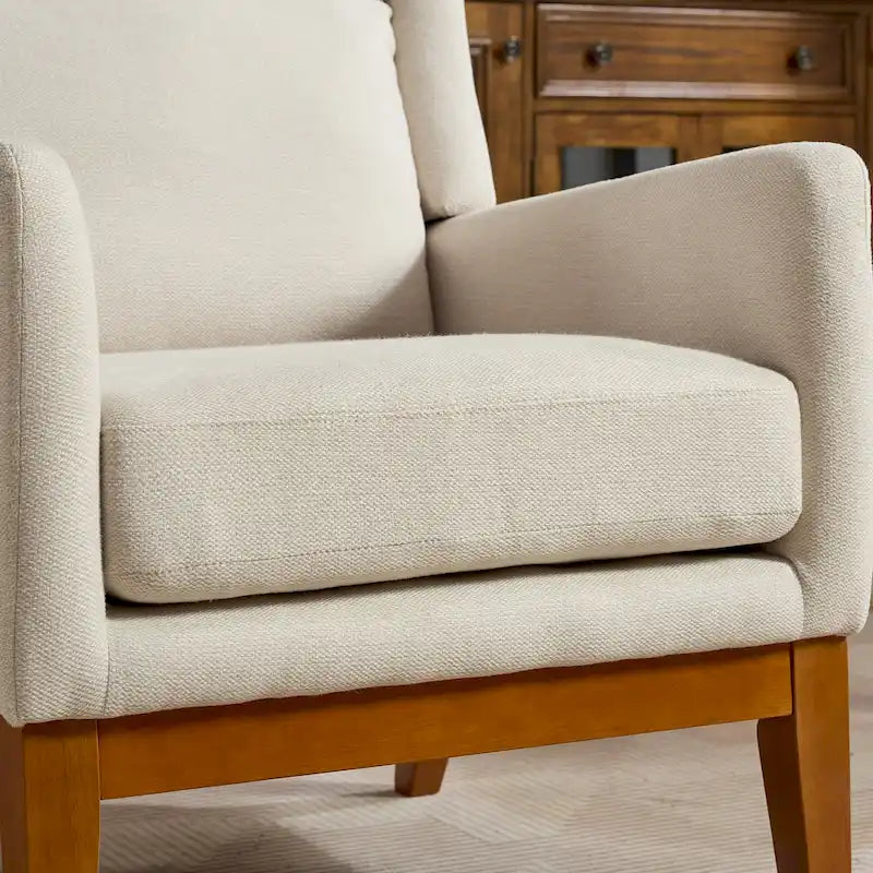 High-Back Upholstered Armchair with Spring Cushion & Walnut Wood Legs