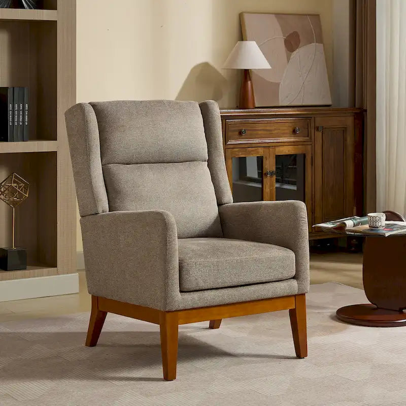 High-Back Upholstered Armchair with Spring Cushion & Walnut Wood Legs