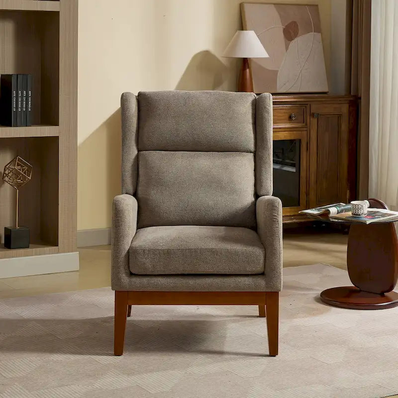 High-Back Upholstered Armchair with Spring Cushion & Walnut Wood Legs