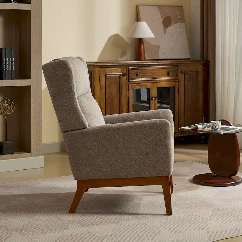 High-Back Upholstered Armchair with Spring Cushion & Walnut Wood Legs