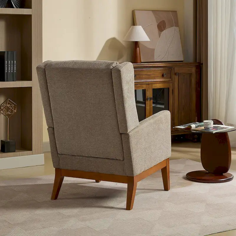 High-Back Upholstered Armchair with Spring Cushion & Walnut Wood Legs