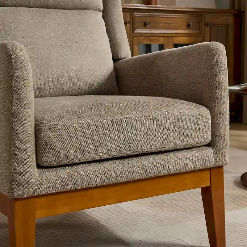 High-Back Upholstered Armchair with Spring Cushion & Walnut Wood Legs