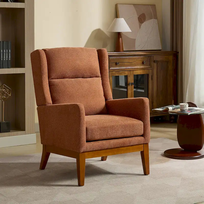 High-Back Upholstered Armchair with Spring Cushion & Walnut Wood Legs