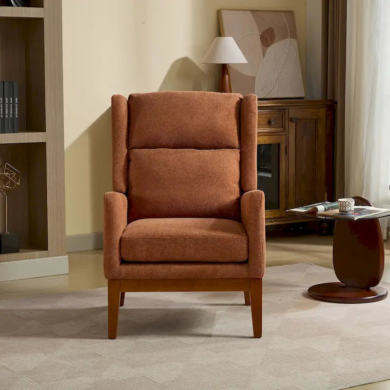 High-Back Upholstered Armchair with Spring Cushion & Walnut Wood Legs