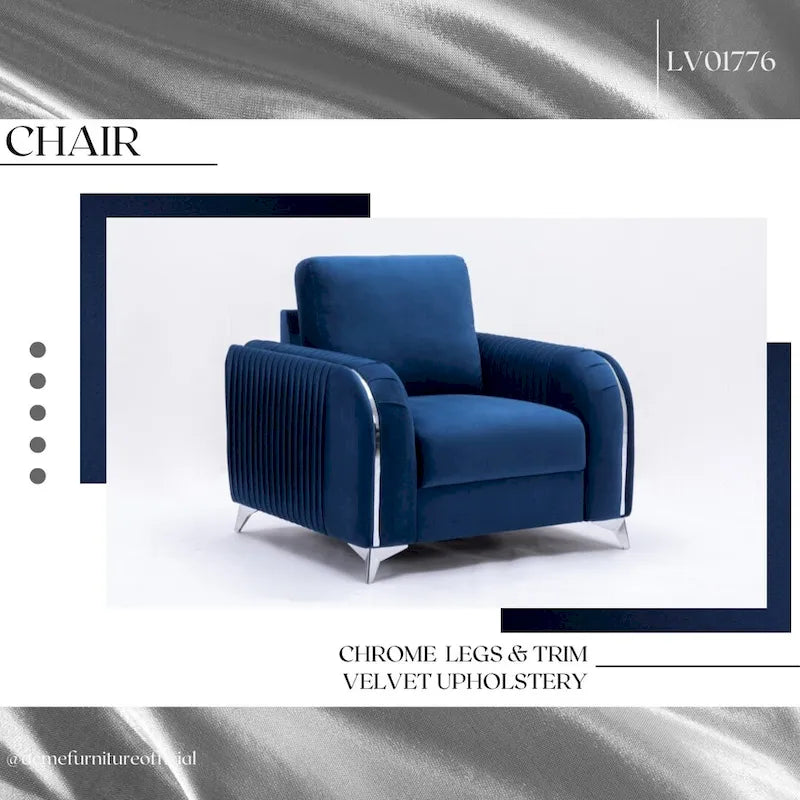 Blue Velvet Vertical Pleated Accent Chair - Polished Chrome Trim Arms & Legs