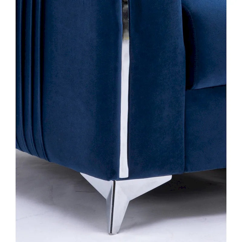 Blue Velvet Vertical Pleated Accent Chair - Polished Chrome Trim Arms & Legs