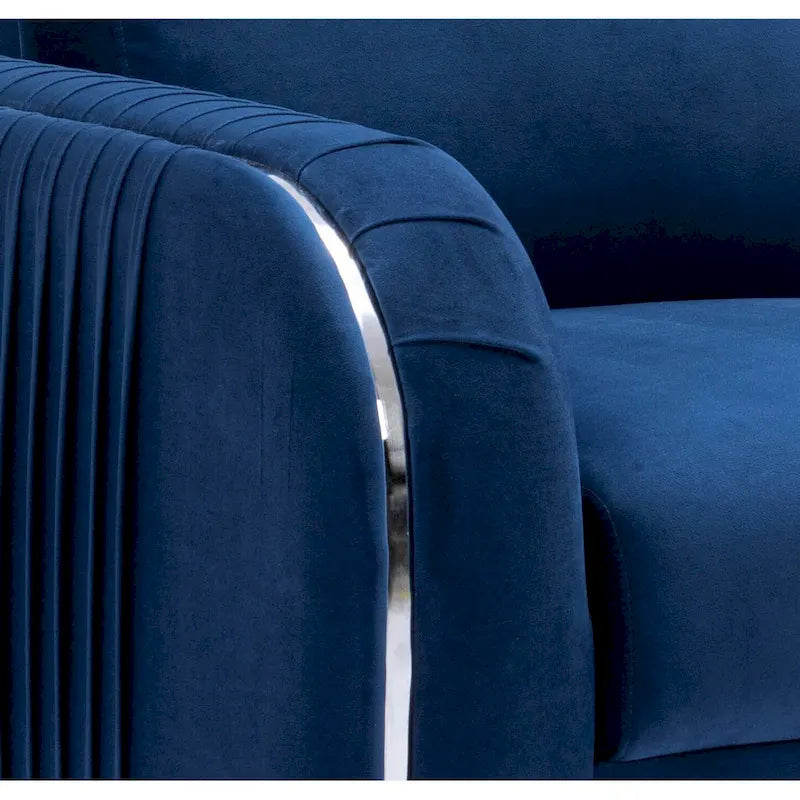 Blue Velvet Vertical Pleated Accent Chair - Polished Chrome Trim Arms & Legs