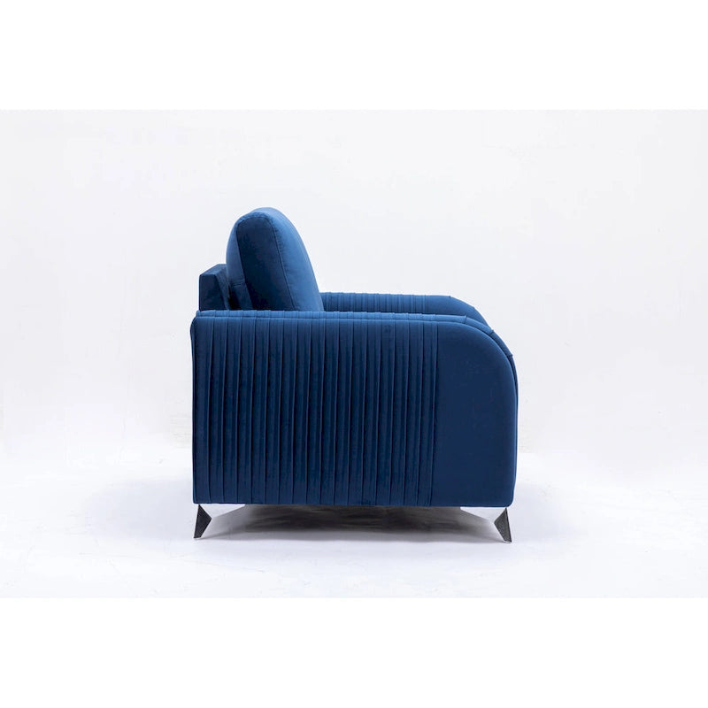 Blue Velvet Vertical Pleated Accent Chair - Polished Chrome Trim Arms & Legs