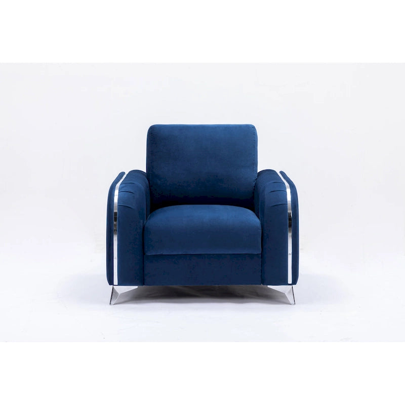 Blue Velvet Vertical Pleated Accent Chair - Polished Chrome Trim Arms & Legs