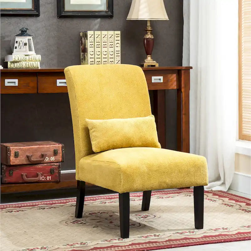 High-Back Chenille Armless Accent Chair with Kidney Pillow & Espresso Legs