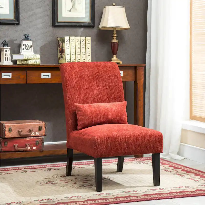 High-Back Chenille Armless Accent Chair with Kidney Pillow & Espresso Legs