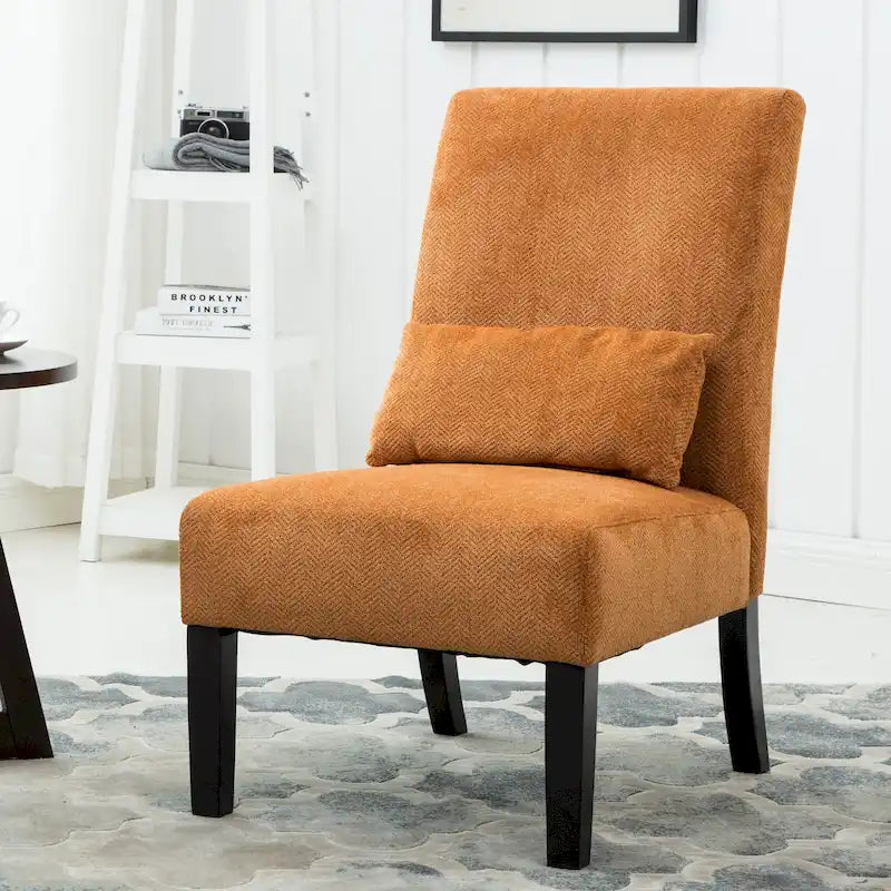 High-Back Chenille Armless Accent Chair with Kidney Pillow & Espresso Legs