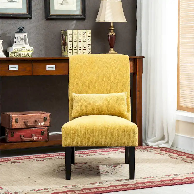 High-Back Chenille Armless Accent Chair with Kidney Pillow & Espresso Legs
