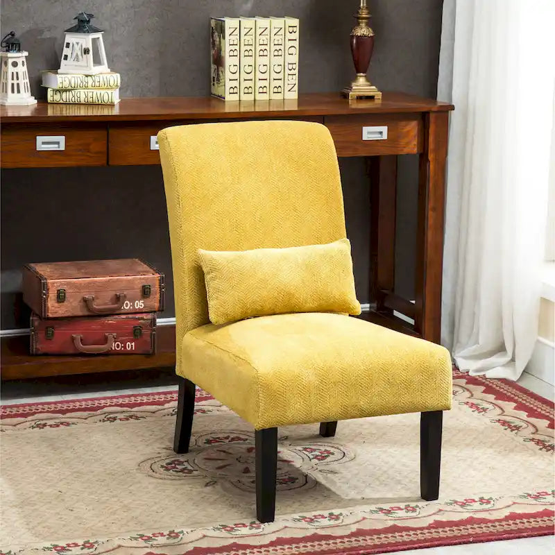 High-Back Chenille Armless Accent Chair with Kidney Pillow & Espresso Legs