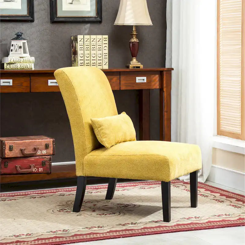 High-Back Chenille Armless Accent Chair with Kidney Pillow & Espresso Legs