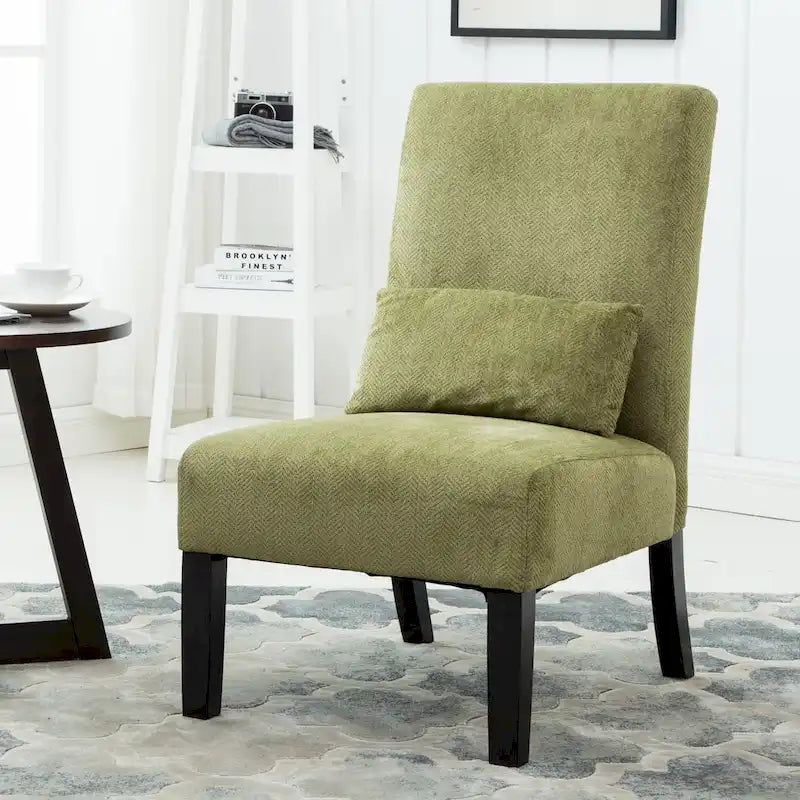 High-Back Chenille Armless Accent Chair with Kidney Pillow & Espresso Legs