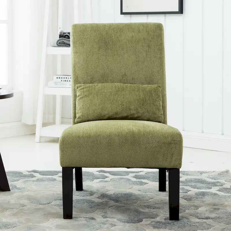 High-Back Chenille Armless Accent Chair with Kidney Pillow & Espresso Legs