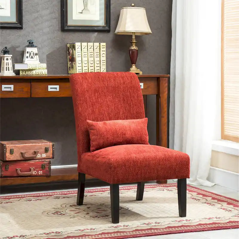 High-Back Chenille Armless Accent Chair with Kidney Pillow & Espresso Legs